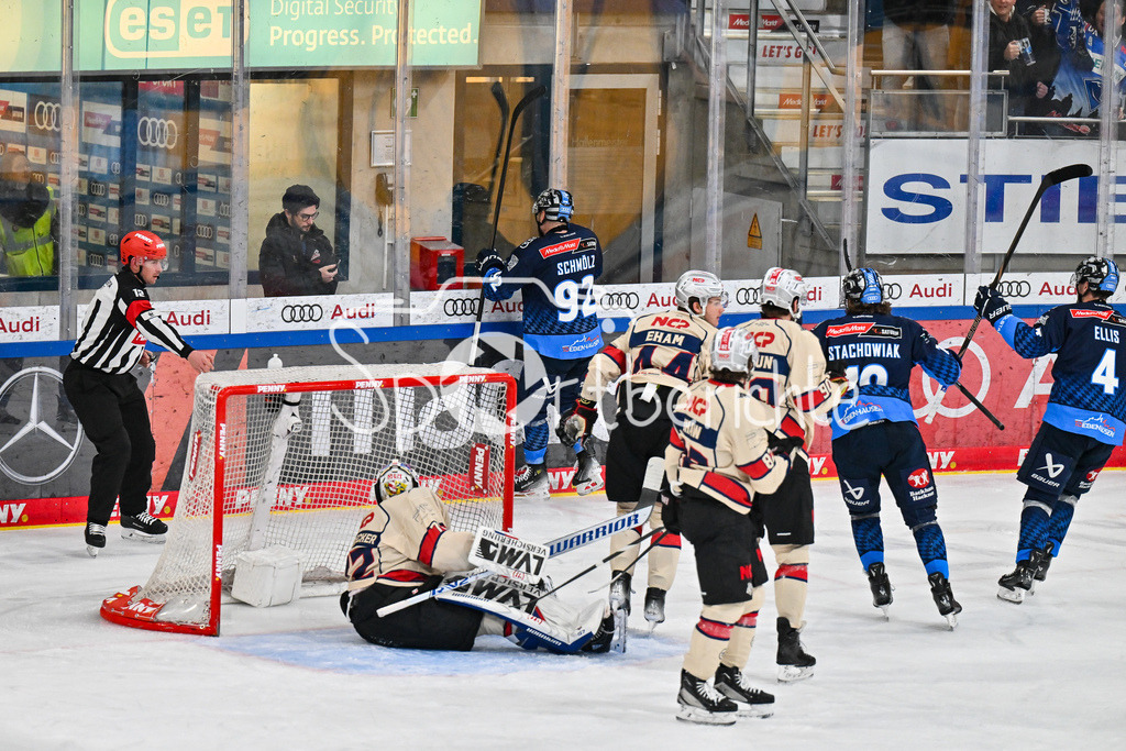 ERC Ingolstadt - Nuernberg Ice Tigers | Jubel der Panther nach dem Treffer zum 3-2 durch Daniel SCHMOELZ (ERC Ingolstadt 92) / Tor / Torschuetze / Freude / Happy / DEL: ERC Ingolstadt - Nuernberg Ice Tigers, Saturn Arena am 21.03.2025
