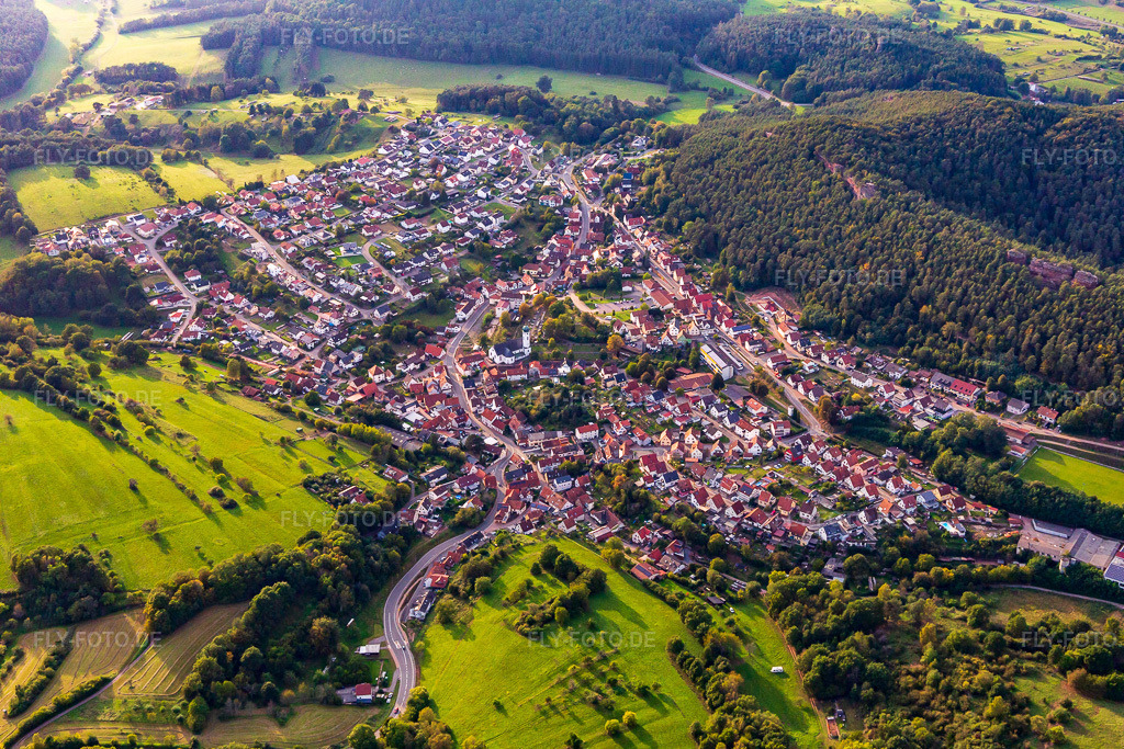 Luftbild: Ortsansicht von Osten in Busenberg im Bundesland Rheinland-Pfalz in Deutschland. Foto: IMG_139000.jpg vom 30.09.2023 durch Werner Riehm/FLY-FOTO.de