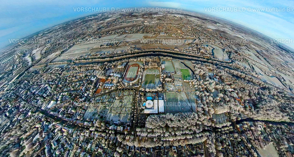 Hamm221290016Aquamare | Luftbild von Hamm im Schnee, Maximare Erlebnistherme, Sportzentrum Ost, fisheye, Fisheye Aufnahme, Fischaugen Aufnahme, 360 Grad Aufnahme, Uentrop, Hamm, Ruhrgebiet, Nordrhein-Westfalen, Deutschland