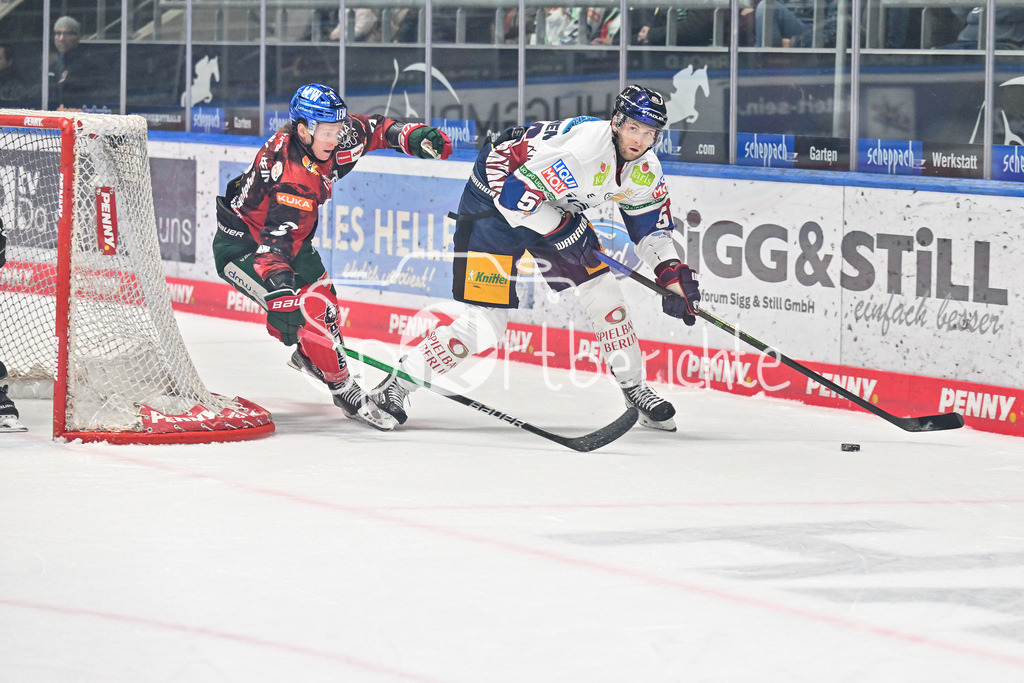 Augsburger Panther - Eisbären Berlin | im Duell Kristian BLUMENSCHEIN (Augsburger Panhter #8) und Mitchell REINKE (Eisbaeren Berlin #5) / Zweikampf / DEL: Augsburger Panther - Eisbaeren Berlin, Curt Frenzel Stadion am 31.10.2024