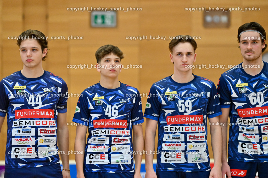 VSV Unihockey  vs. FBK Loka  | #44 Luca Widnig VSV Unihockey, #46 Elias Kronig VSV Unihockey, #59 Nino Forelli VSV Unihockey, #60 Thomas Unterweger VSV Unihockey, VSV Unihockey  vs. FBK Loka , VSV Unihockey  vs. FBK Loka  am 25.01.2026 in Villach (Ballspielhalle St. Martin), Austria, (Photo by Bernd Stefan)