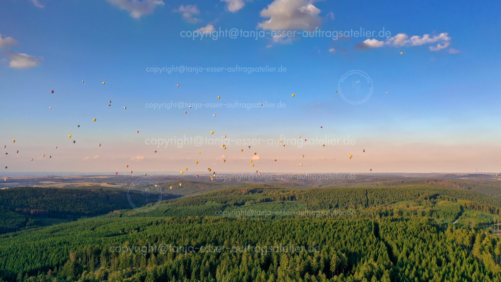 130 Heissluftballons ueber dem Wald Bild 1 E | Bunte Heißluftballons in verschiedenen Formen fliegen über den Wald. Es ist ein Nadelwald im Sauerland. Die Sonne ist fast untergegangen, der Himmel ist blau. Luftaufnahme.