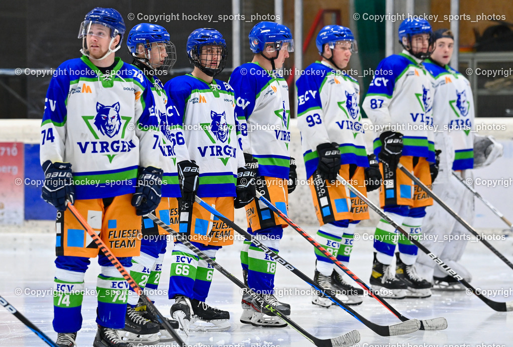 EC Tigers Paternion vs. EC Virgen 12.2.2023 | EC Virgen Mannschaft, #74 Fuetsch Lukas, #66 Stadler Andreas, #93 Stadler Dominik