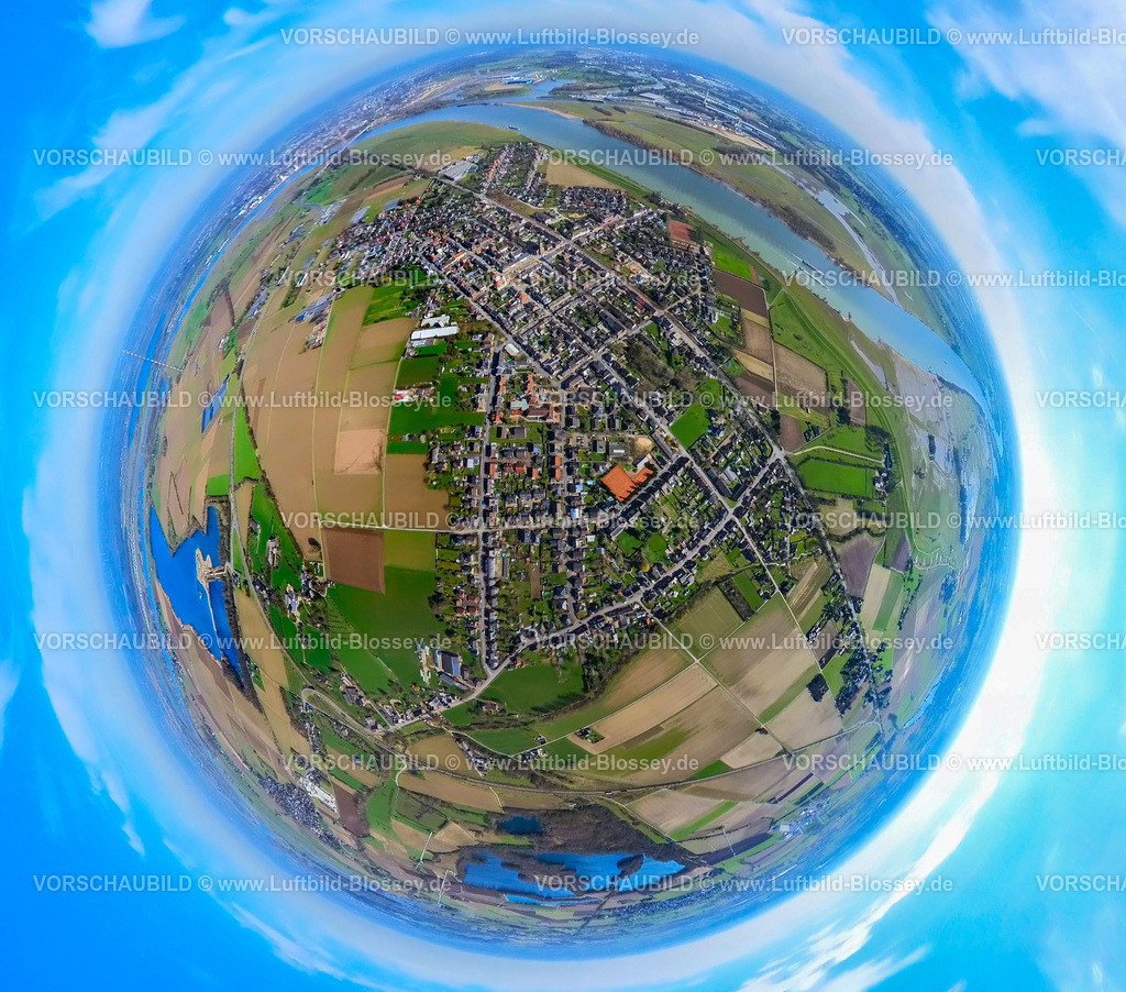 Wesel240390074Buederich | Luftbild, Wohngebiet Ortsansicht Büderich, Rheinmündung Wesel-Datteln-Kanal Naturschutzgebiet, Erdkugel, Fisheye Aufnahme, Fischaugen Aufnahme, 360 Grad Aufnahme, tiny world, little planet, fisheye Bild, Büderich, Wesel, Nordrhein-Westfalen, Deutschland