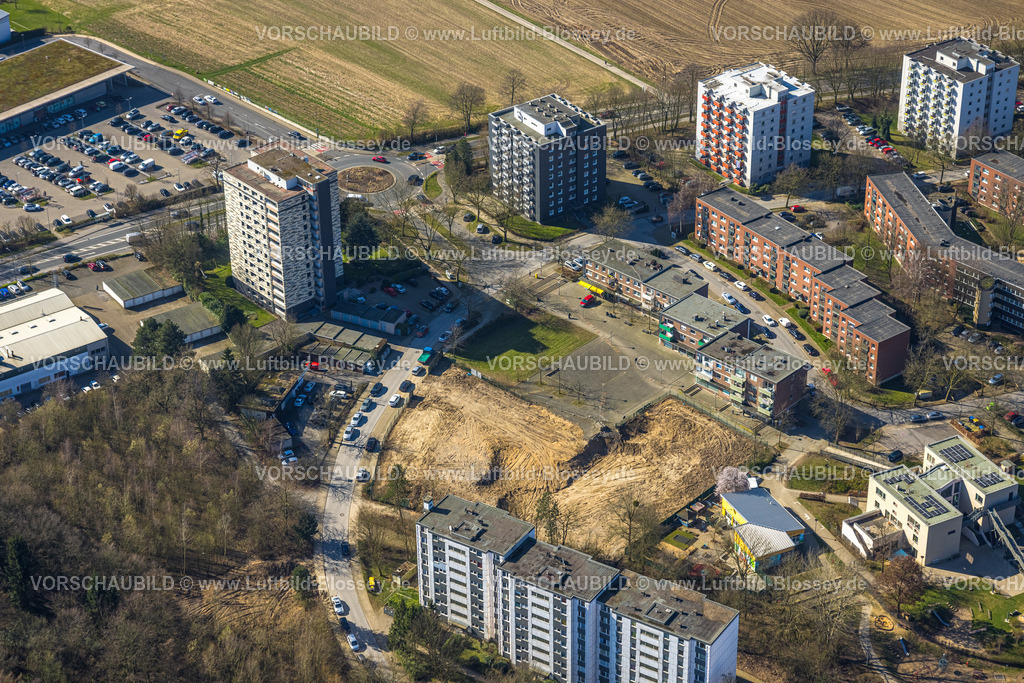 Heiligenhaus240302120 | Luftbild, Hochhaus Wohnsiedlung Oberilp, Baustelle am Europaplatz, Landschafts-Straßennamen, Heiligenhaus, Ruhrgebiet, Nordrhein-Westfalen, Deutschland