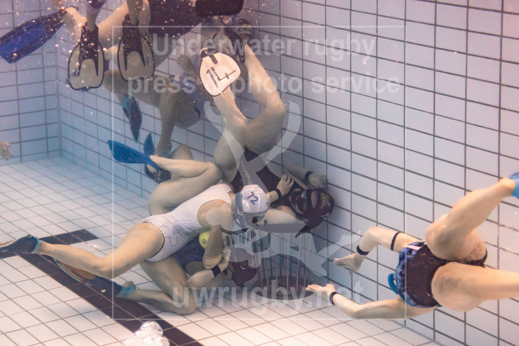 Deutsche Damen-Meisterschaft im Unterwasser-Rugby 2023 - Bild 13 | Unterwasseraufnahme des Finales:
TC Stuttgart (blau) vs. FS Duisburg (weiß) - Realisiert mit Pictrs.com