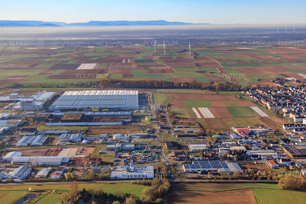 Luftbild: Gewerbegebiet Interpark von Norden in Offenbach an der Queich im Bundesland Rheinland-Pfalz in Deutschland. Foto: IMG_63298.jpg vom 20.03.2014 durch Werner Riehm/FLY-FOTO.de
