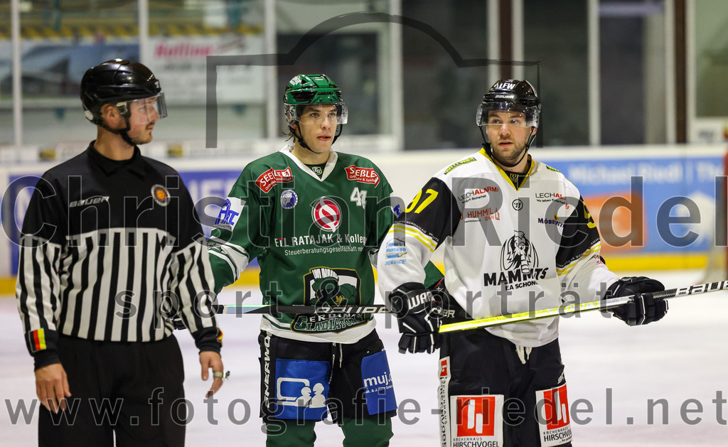2023-11-17_115_TSV_Erding_gegen_EA_Schongau | Erding, Deutschland, 17.11.2023:
Eishockey, Bayernliga Vorrunde 2023 / 2024, 10. Spieltag, TSV Erding gegen EA Schongau, Endergebnis: 12:4

Paul Wallek (Erding Gladiators, #44), Kevin Steiner (EA Schongau, #97)

Foto: Christian Riedel / fotografie-riedel.net