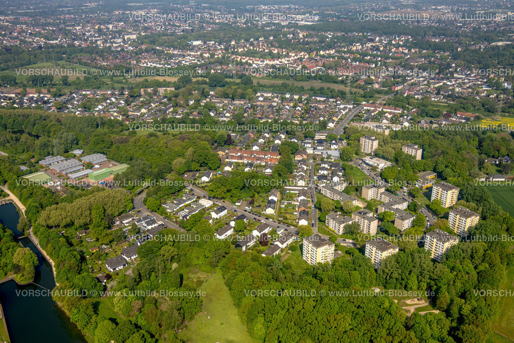 Herne240500015 | Luftbild, Wohngebiet Emsring mit Hochhäusern und Blick über Recklinghausen Süd, Wasserstraßen und Schifffahrtsamt und Bauhof an der Pöppinghauser Straße, Horsthausen, Herne, Ruhrgebiet, Nordrhein-Westfalen, Deutschland