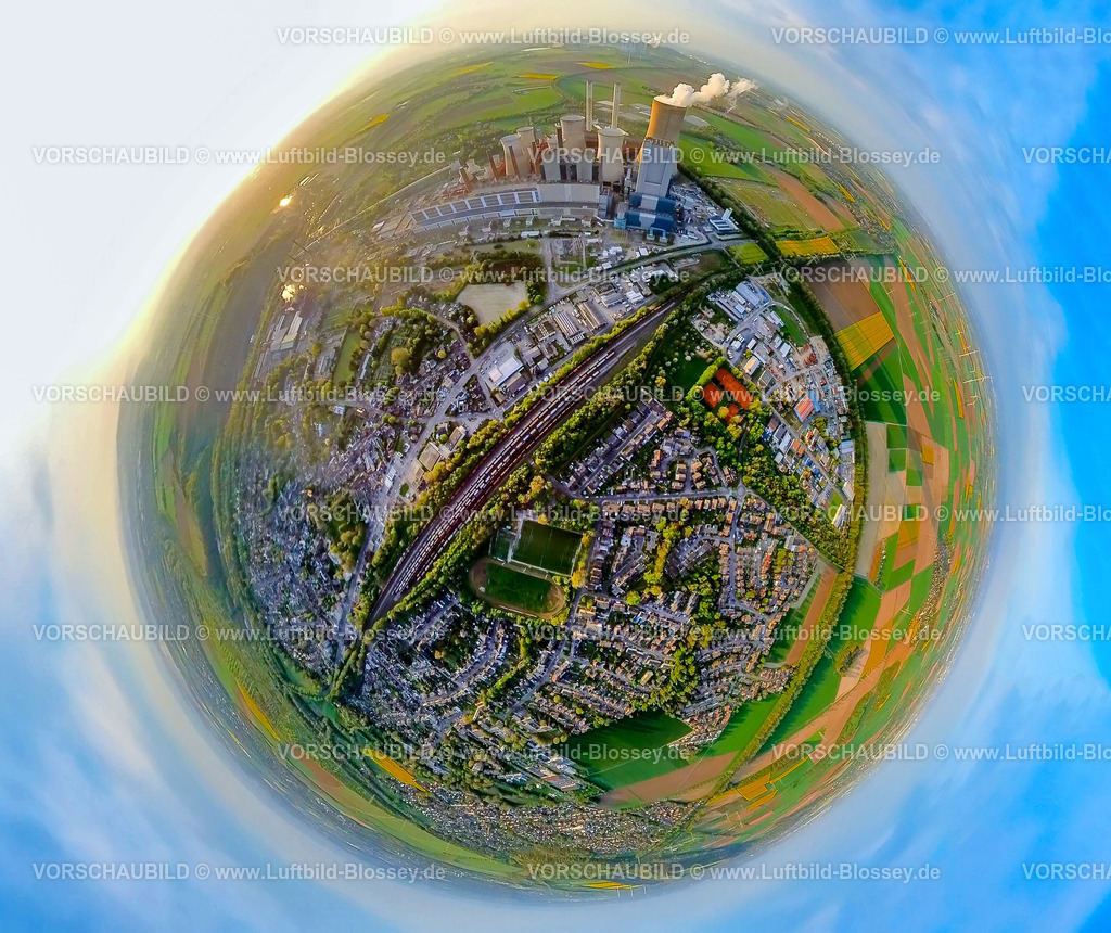 Bergheim240490018BraunkohleRWE-KraftwerkNiederaussem | Luftbild, BraunkohlenKraftwerk Niederaußem, Kraftwerksstandort der RWE Power AG, Kühltürme und Rauchwolken, Ortsansicht Wohngebiet mit Güterbahnhof und Erftstolzstadion Fußballstadion, Erdkugel, Fisheye Aufnahme, Fischaugen Aufnahme, 360 Grad Aufnahme, tiny world, little planet, fisheye Bild, Niederaußem, Bergheim, Niederrhein, Nordrhein-Westfalen, Deutschland