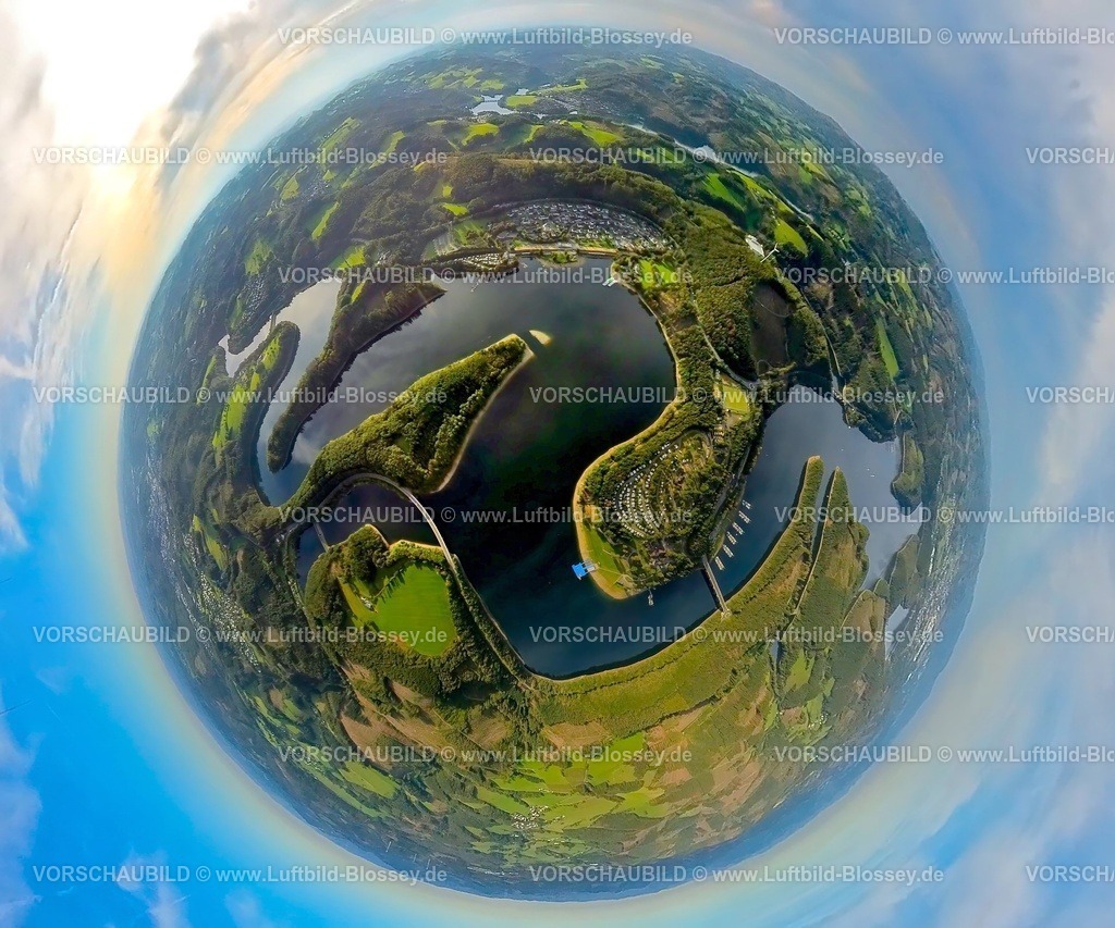 Olpe230990449BiggeSondernerKopf | Luftbild, Biggesee, Campingplatz Biggesee-Vier Jahreszeiten, Am Sonderner Kopf, Talbrücke Sondern und Yachthafen, Erdkugel, Fisheye Aufnahme, Fischaugen Aufnahme, 360 Grad Aufnahme, tiny world, Sondern, Olpe, Sauerland, Nordrhein-Westfalen, Deutschland