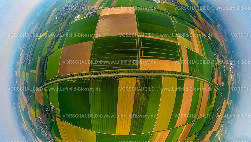 Zuelpich240590118Feldlandschaft | Luftbild, Kachelförmige Wiesen und Felder, Formen und Farben, Erdkugel, Fisheye Aufnahme, Fischaugen Aufnahme, 360 Grad Aufnahme, tiny world, little planet, fisheye Bild, Ülpenich, Zülpich, Nordrhein-Westfalen, Deutschland