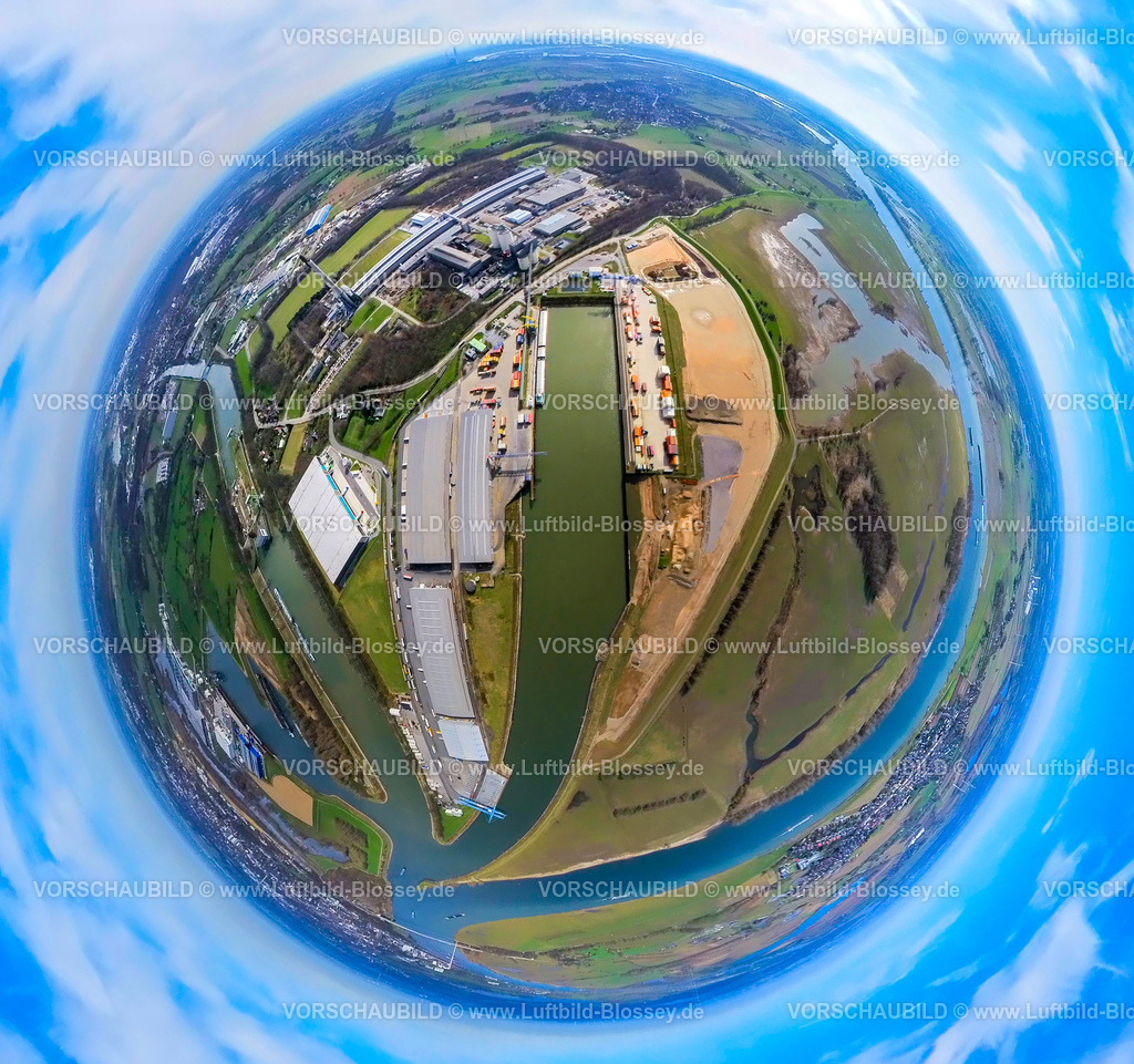 Voerde240390029FriedrichsfeldHafenEmmelsumDeltaPort | Luftbild, Hafen Emmelsum am Fluss Rhein, DeltaPort Hafenverbund, Friedrichsfeld, Erdkugel, Fisheye Aufnahme, Fischaugen Aufnahme, 360 Grad Aufnahme, tiny world, little planet, fisheye Bild, Emmelsum, Voerde, Niederrhein, Nordrhein-Westfalen, Deutschland