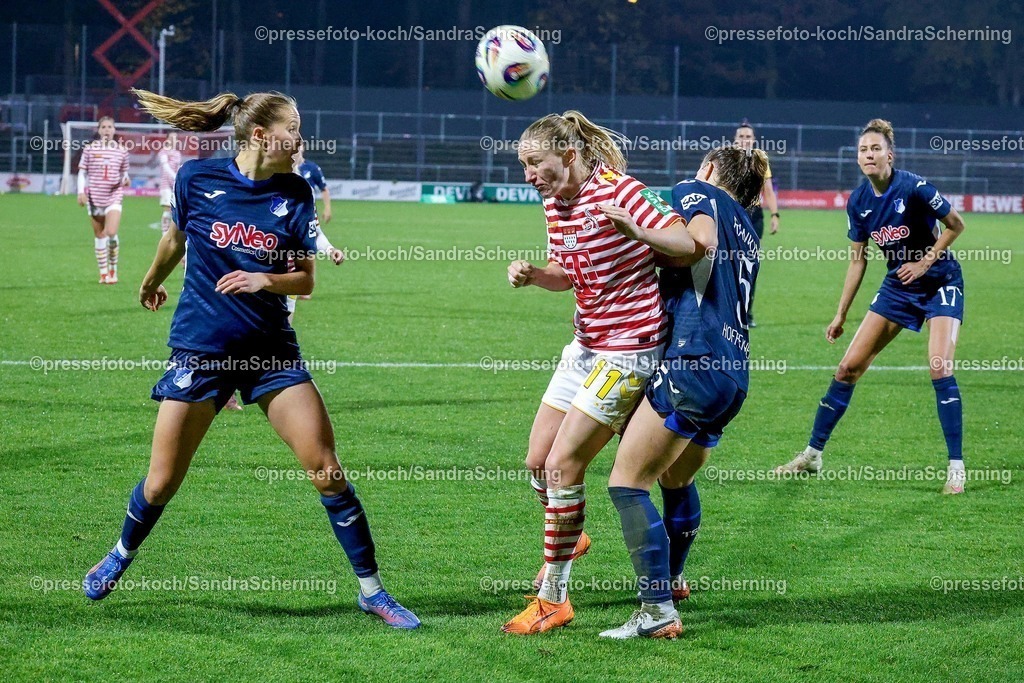 xSSCx09112501024 | 09.11.2025, xsscx, Frauen Fussball, 1. FC Koeln - TSG 1899 Hoffenheim, 1. Fuﬂball Bundesliga, 10. Spieltag, Franz-Kremer-Stadion, Saison 2025 2026: Pauline Bremer (1. FC Koeln #11) im Zweikampf gegen Jamilla Rankin (TSG Hoffenheim #5) DFB regulations prohibit any use of photographs as image sequences and or quasi-video.