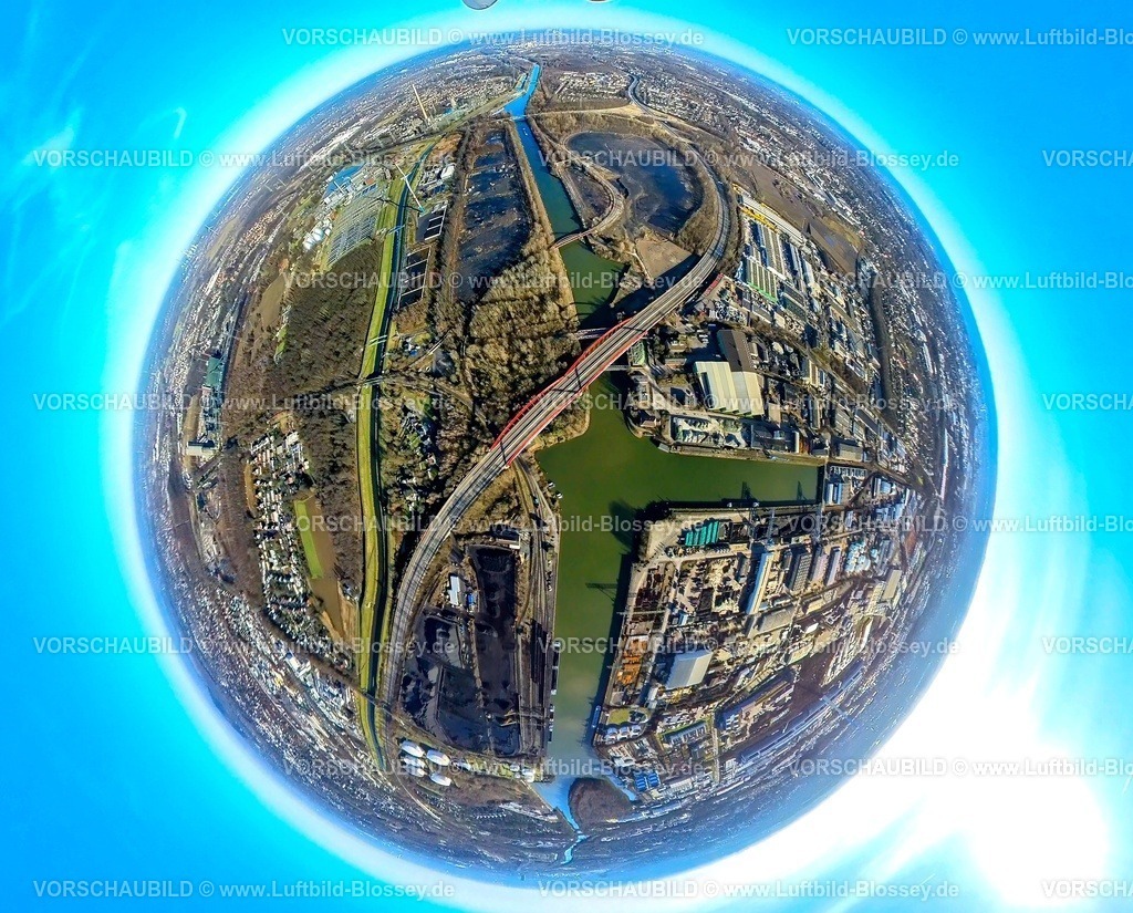 Bottrop240190178A42-Bruecke gesperrt | Luftbild, gesperrte Rhein-Herne-Kanalbrücke mit rotem Geländer, Autobahn A42 Emscherschnellweg, Infrastruktur, Doppelbogenbrücke an der Stadtgrenze Essen, Stadthafen Essen, Sturmhof Kohlehafen, Erdkugel, Fisheye Aufnahme, Fischaugen Aufnahme, 360 Grad Aufnahme, tiny world, little planet, fisheye Bild, Ebel, Bottrop, Ruhrgebiet, Nordrhein-Westfalen, Deutschland