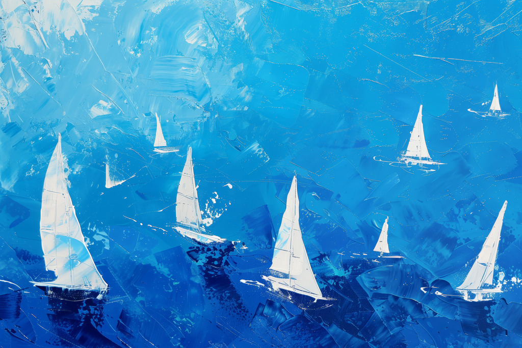 2406010 - Weiße Segelboote | Weiße Segelboote auf einem tiefblauen Meer im Stil eines modernen abstrakten Gemäldes.