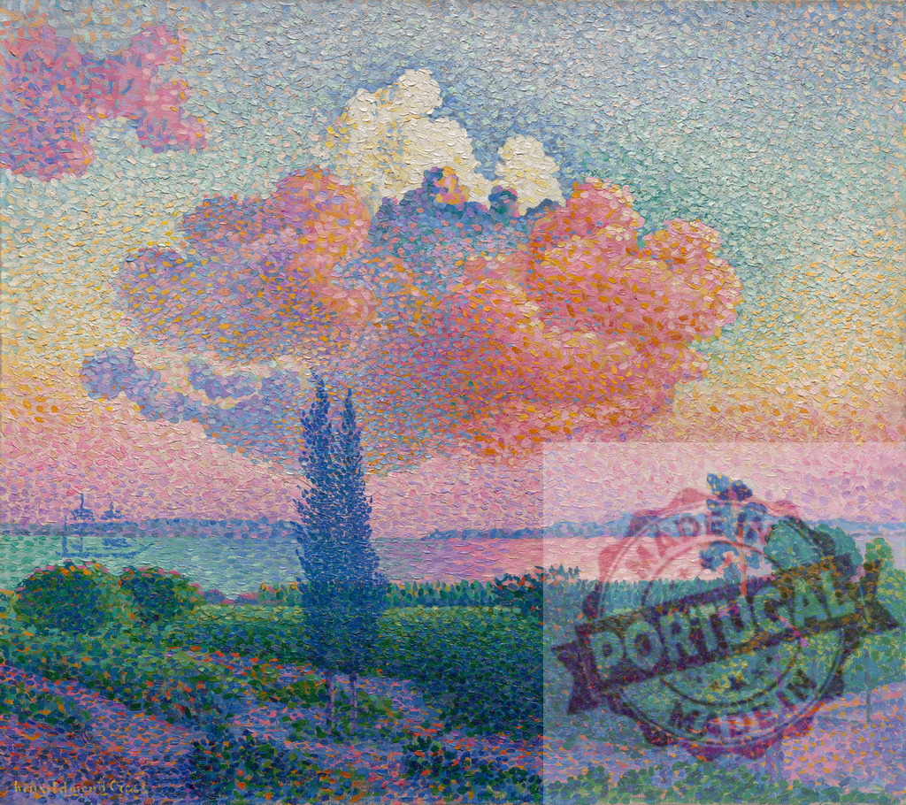 Henri-Edmond Cross painting a pointillist sunset landscape. Henri Edmund Cross | Pointillist painting depicting a colorful sunset over a coastal landscape with a prominent cypress tree - Realisiert mit Pictrs.com