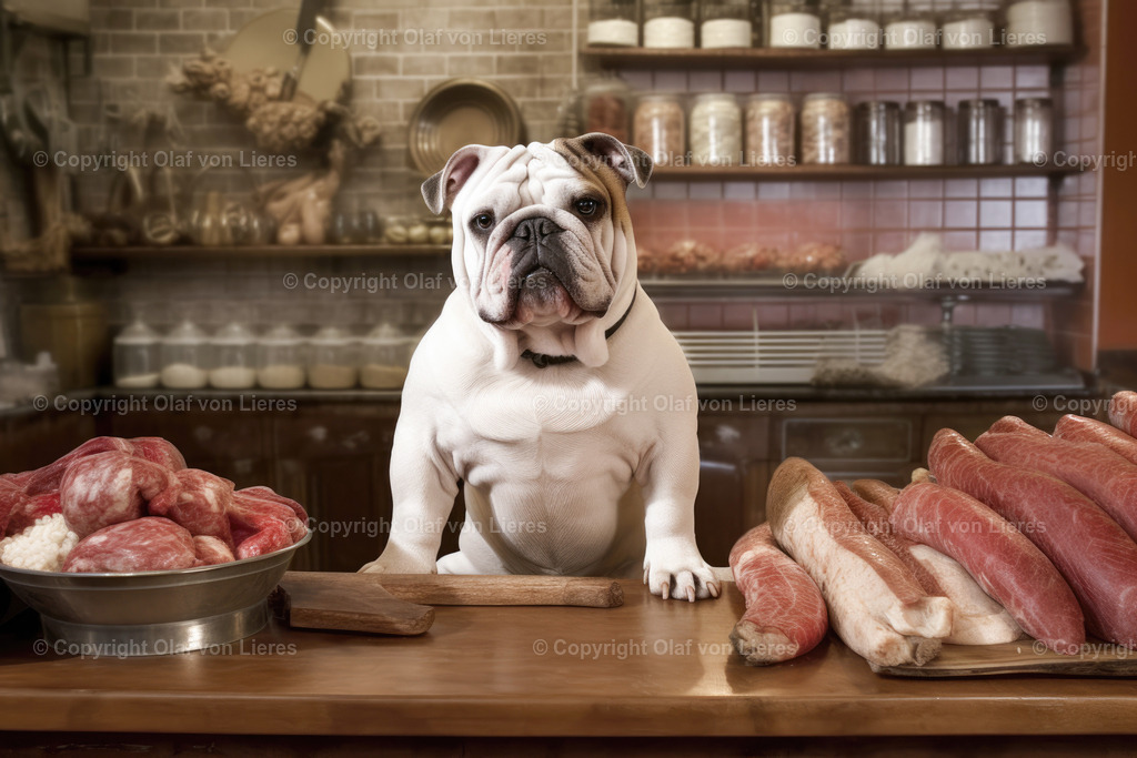 Hund am Fleischtresen | Bulldogge mit viel Fleisch