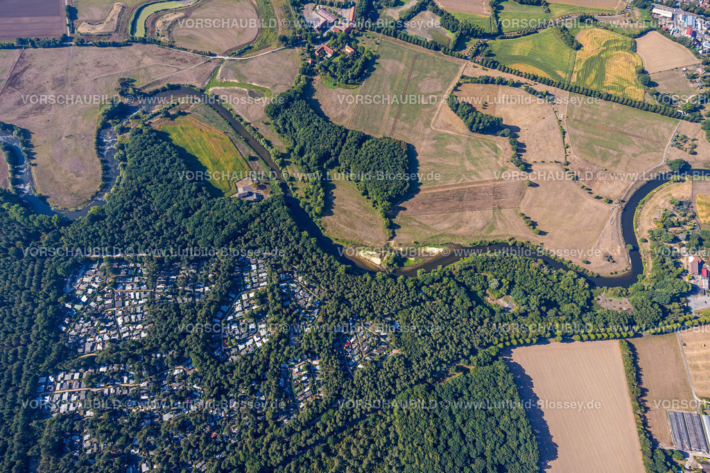 Olfen220805830LippeVogelsang | Luftbild, Fluss Lippe Mäander, Lippeschleife, Waldferiendorf Eversum, Fluss- und Auenentwicklung der Lippe Vogelsang, Renaturierung, Stadtgrenze Olfen-Datteln, Olfen-Kirchspiel, Olfen, Ruhrgebiet, Nordrhein-Westfalen, Deutschland