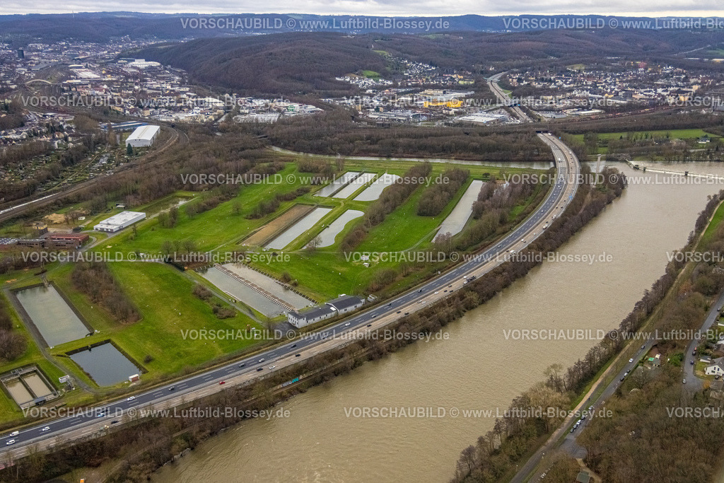 Hagen231201613Hengsteysee | Luftbild, Ruhrhochwasser, Weihnachtshochwasser 2023, Fluss Ruhr tritt nach starken Regenfällen über die Ufer, Überschwemmungsgebiet am Wasserwerk Hengstey, Fluss Volmemündung mit Autobahnbrücke der A1 mit Blick auf Hagen, Herdecke, Ruhrgebiet, Nordrhein-Westfalen, Deutschland