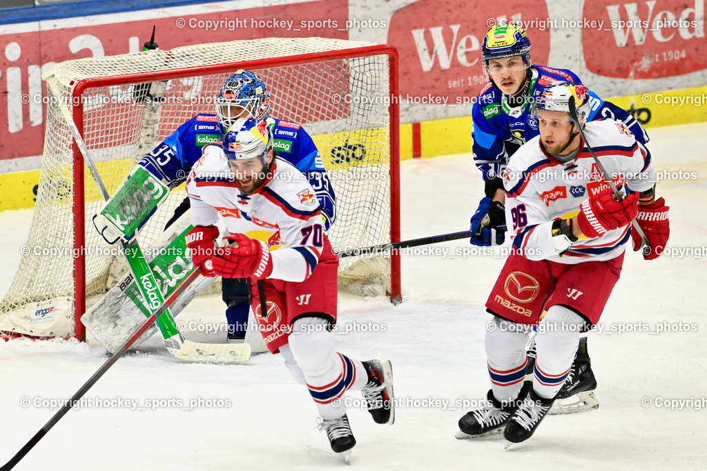 EC IDM WÄRMEPUMPEN VSV vs. EC Red Bull Salzburg | #70 Nissner Benjamin EC Redbull Salzburg, #35 Cannata Joe EC VSV,#96 Huber Mario EC Redbull Salzburg, #2 MACPHERSON Dylan EC VSV, EC IDM WÄRMEPUMPEN VSV vs. EC Red Bull Salzburg, EC IDM WÄRMEPUMPEN VSV vs. EC Red Bull Salzburg am 17.01.2025 in Villach (Stadthalle Villach), Austria, (Photo by Bernd Stefan)