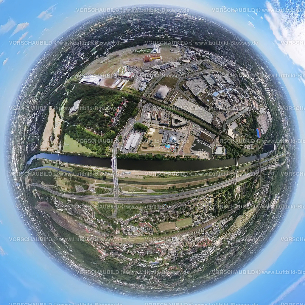 Oberhausen20220803_3NeueMitte | Luftbild, Westfield Centro Oberhausen, Einkaufszentrum Neue Mitte, Rhein-Herne-Kanal und Autobahn A42, Fisheye Aufnahme, Fischaugen Aufnahme, 360 Grad Aufnahme, Borbeck, Oberhausen, Ruhrgebiet, Nordrhein-Westfalen, Deutschland