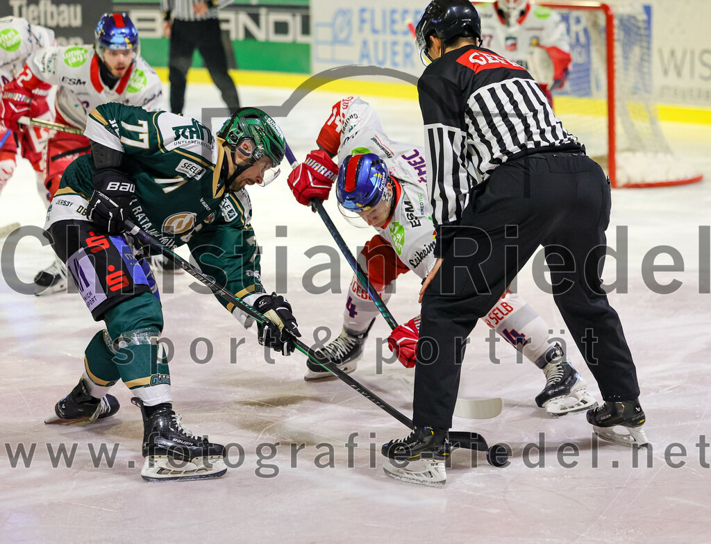 2026-01-18_121_TSV_Erding_gegen_Selber_Woelfe | Erding, Deutschland, 18.01.2026:Eishockey, Oberliga Süd 2025 / 2026, 38. Spieltag, TSV Erding gegen Selber Wölfe, Endergebnis: 2:3 n.V.Philipp Michl (Erding Gladiators, #77), Erik Nemec (Selber Wölfe, #14)Foto: Christian Riedel / fotografie-riedel.net
