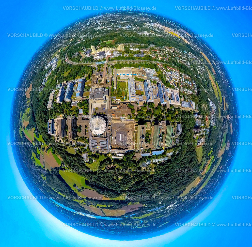 Bochum240890845RUB_RuhrUniversitaetBochum | Luftbild, RUB Ruhr-Universität Bochum mit Baustelle, UniCenter Bochum, Erdkugel, Fisheye Aufnahme, Fischaugen Aufnahme, 360 Grad Aufnahme, tiny world, little planet, fisheye Bild, Querenburg, Bochum, Ruhrgebiet, Nordrhein-Westfalen, Deutschland