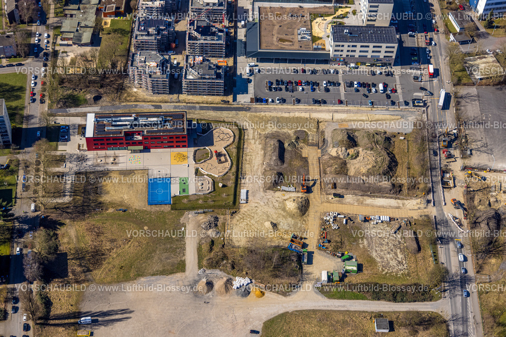 Herne250301840 | Luftbild, Kaiserquartier Herne, Baustelle mit Neubau einer Wohnanlage und Wohnsiedlung, Kita Lackmanns Hof Kindergarten und Hochhaus Wohnsiedlung, Baukau, Herne, Ruhrgebiet, Nordrhein-Westfalen, Deutschland