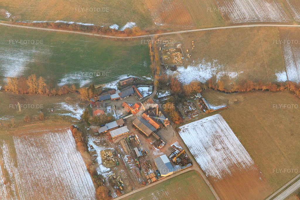 Luftbild: Schaidter Mühle mit Holzwerk ORTH Gerd Sütterlin e.K. aus Südwesten im Winter bei Schnee im Ortsteil Schaidt in Wörth im Bundesland Rheinland-Pfalz in Deutschland. Foto: IMG_096383.jpg vom 21.01.2017 durch Werner Riehm/FLY-FOTO.deHolzwerk-ORTH - in der Region gewachsen