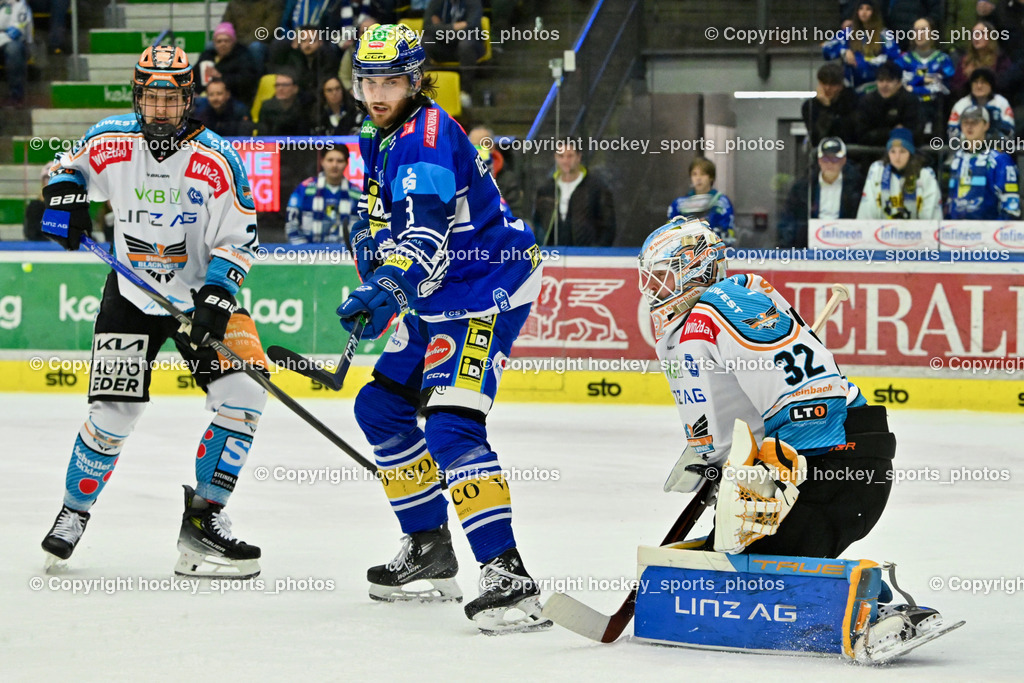 EC IDM Wärmepumpen VSV vs. STEINBACH BLACK WINGS LINZ  | #32 Tirronen Rasmus BLACK WINGS LINZ, #8 Rebernig Maximilian EC VSV, #23 Söllinger Patrick BLACK WINGS LINZ, EC IDM Wärmepumpen VSV vs. STEINBACH BLACK WINGS LINZ , EC IDM Wärmepumpen VSV vs. STEINBACH BLACK WINGS LINZ  am 28.01.2025 in Villach (Stadthalle Villach), Austria, (Photo by Bernd Stefan)