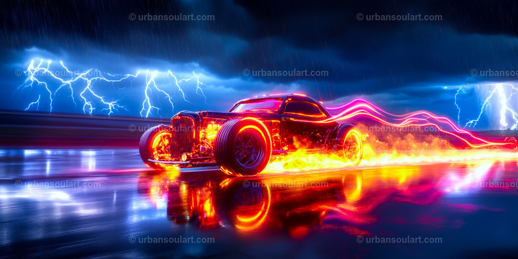 Hot Rod Neon Lightning | A dynamic canvas featuring a retro hot rod surrounded by neon lightning, combining classic car culture with vibrant, modern visuals. Perfect for car lovers and fans of bold artwork, this piece adds intensity and a touch of nostalgia to any setting. - Realisiert mit Pictrs.com