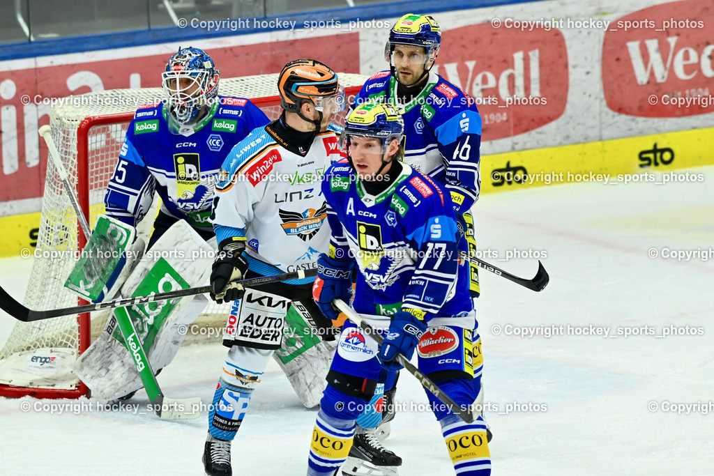 EC IDM Wärmepumpen VSV vs. STEINBACH BLACK WINGS LINZ  | #77 LINDNER Philipp EC VSV, #35 Cannata Joe EC VSV,#16 HANCOCK Kevin EC VSV, #18 Ograjensek Ken BLACK WINGS LINZ, EC IDM Wärmepumpen VSV vs. STEINBACH BLACK WINGS LINZ , EC IDM Wärmepumpen VSV vs. STEINBACH BLACK WINGS LINZ  am 28.01.2025 in Villach (Stadthalle Villach), Austria, (Photo by Bernd Stefan)