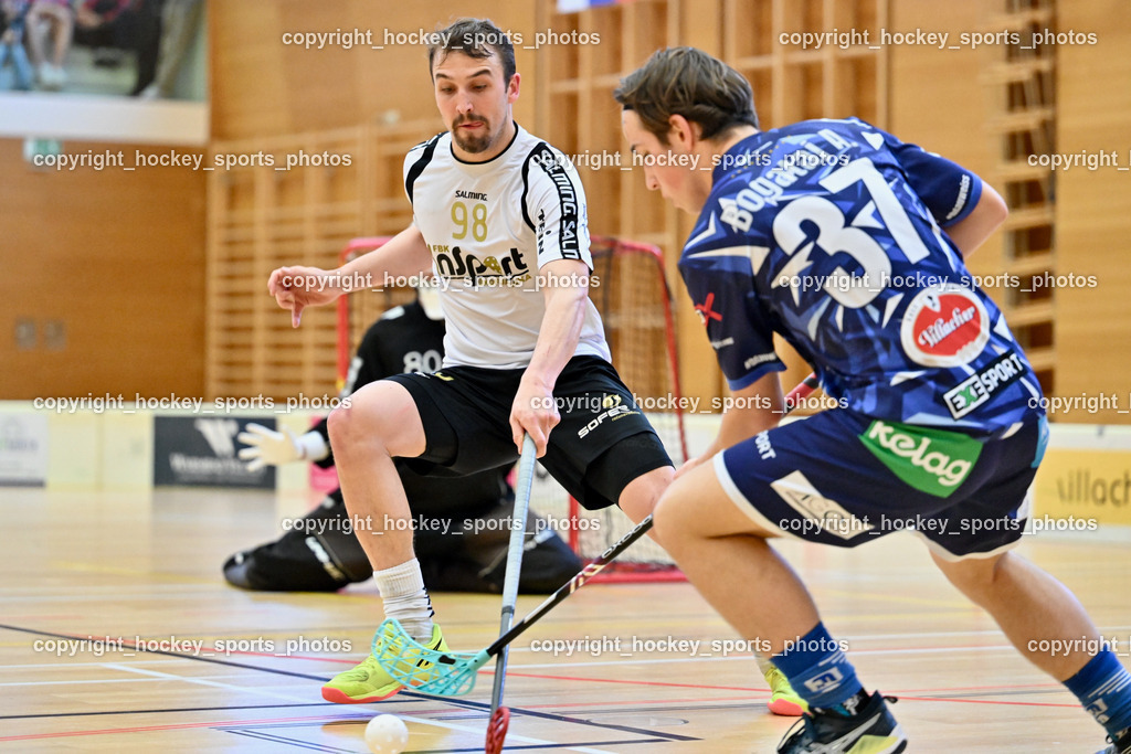 FBK Loka vs. VSV Unihockey | #98 Gasper Triler FBK Loka, #37 Aleksander Bogataj VSV Unihockey, FBK Loka vs. VSV Unihockey, FBK Loka vs. VSV Unihockey am 23.03.2025 in Villach (Ballspielhalle St. Martin), Austria, (Photo by Bernd Stefan)