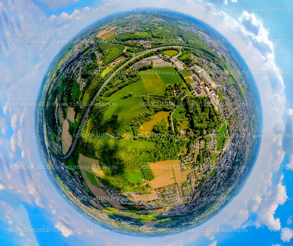 Buende24059054ImDoberg | Luftbild, Naturdenkmal Doberg, geologische Fundstätte tertiärer Fossilien, Ort mit Millionen Jahre Erdgeschichte, Autobahn A30, Erdkugel, Fisheye Aufnahme, Fischaugen Aufnahme, 360 Grad Aufnahme, tiny world, little planet, fisheye Bild, Südlengern, Bünde, Ostwestfalen, Nordrhein-Westfalen, Deutschland