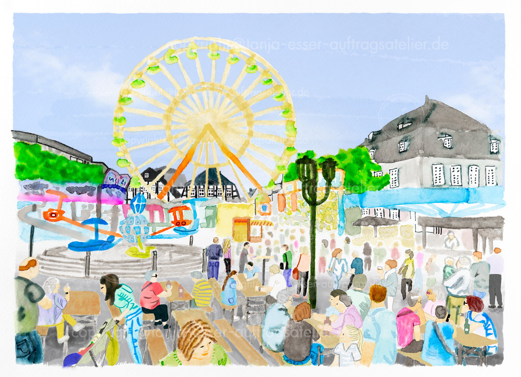 Handgezeichnetes Aquarell der Michaelis Kirmes in Brilon | Aquarell Briloner Michaelis Kirmes. Viele Menschen tummeln sich auf dem Marktplatz. Karusselle und das Riesenrad stehen vor den Fachwerkhäusern. Es gibt viel zu entdecken. Handgezeichnete Illustration auf Aquarellpapier.
