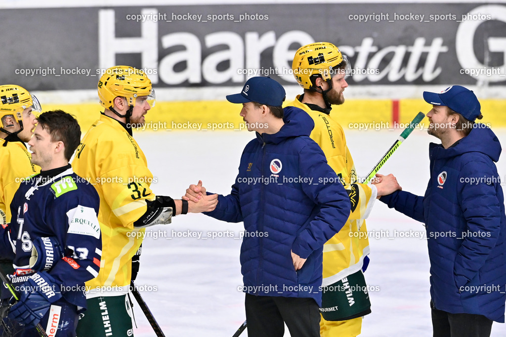 ATSE Graz vs. EHC Lustenau | #32 Stefan Daniel EHC Lustenau, Manuel Laritz, #24 Slivnik David EHC Lustenau, ATSE Graz vs. EHC Lustenau, ATSE Graz vs. EHC Lustenau am 14.02.2026 in Graz (Merkur Eishalle ), Austria, (Photo by Bernd Stefan)