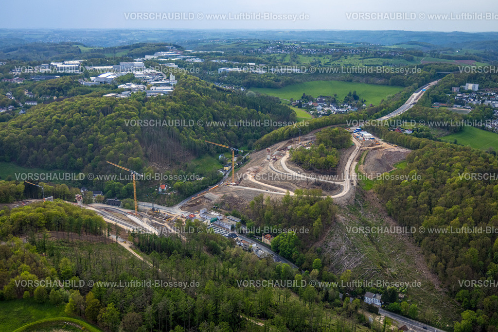 Luedenscheid240502534Rahmede-Bruecke_Autobahn-A45 | Luftbild, Lüdenscheid, Bauarbeiten an der Rahmedetalbrücke an der Autobahn A45, Verkehrsinfrastruktur, die ersten Fundamente der Brückenpfeiler sind erkennbar, Autobahnsperrung, Ruhrgebiet, Nordrhein-Westfalen, Deutschland