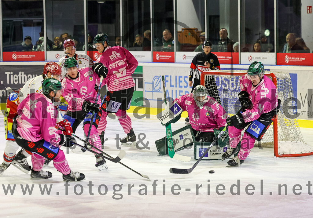 2025-10-24_044_TSV_Erding_gegen_Deggendorfer_SC | Erding, Deutschland, 24.10.2025:Eishockey, Oberliga Süd 2025 / 2026, 11. Spieltag, TSV Erding gegen Deggendorfer SC, Endergebnis: 2:4Grady Hobbs (Erding Gladiators, #22), Thomas Matheson (Erding Gladiators, #37), Elia Ostwald (Erding Gladiators, #17), Torwart Leon Meder (Erding Gladiators, #39), Jesse Kauhanen (Erding Gladiators, #4)Foto: Christian Riedel / fotografie-riedel.net