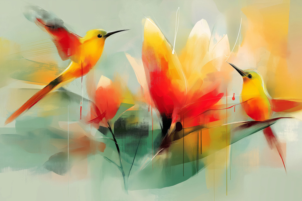 2509010 - Paradiesvögel | Modernes abstraktes Gemälde von Kolibris und Strelitzien als hochwertiger Kunstruck.