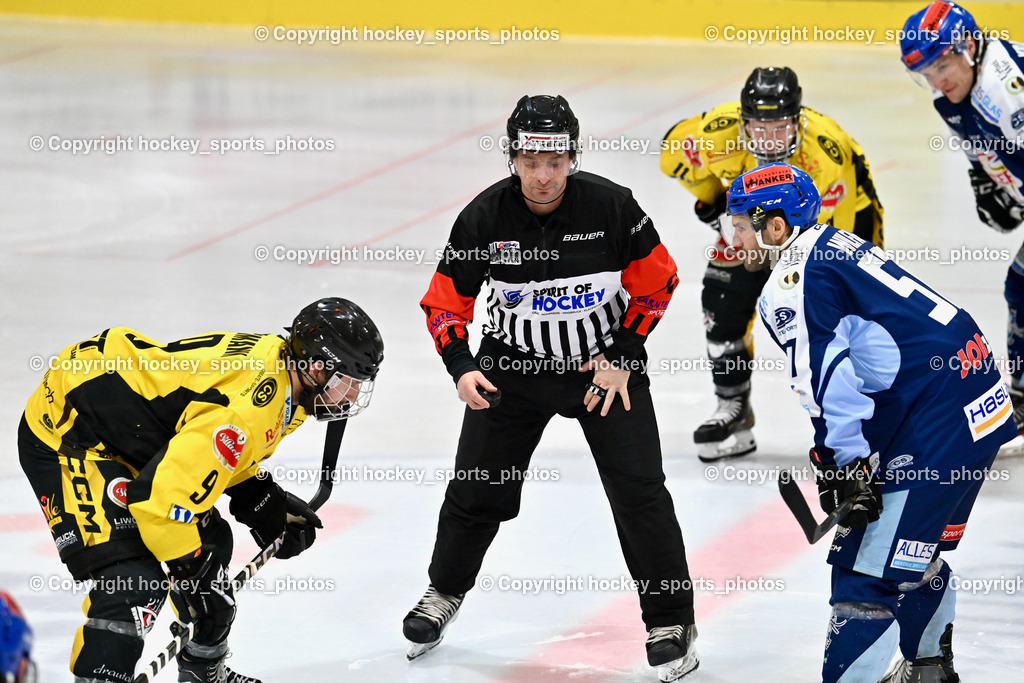 ESC Steindorf vs. EC Hornets Spittal 20.2.2024 | #9 Essmann Kevin EC Hornets Spittal, Holzer Daniel Referee,#57 Wilfan Franz ESC Steindorf, ESC Steindorf vs. EC Hornets Spittal 20.2.2024, ESC Steindorf vs. EC Hornets Spittal 20.2.2024 am 20.02.2024 in Steindorf (Ossiachersee Halle), Austria, (Photo by Bernd Stefan)