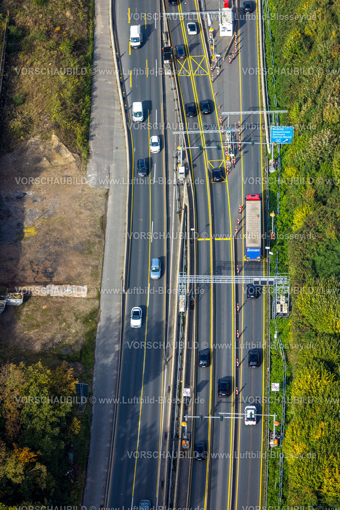 Herne241015956 | Luftbild, Großbaustelle Autobahnkreuz Herne, Baustelle mit Verkehrsregelung, Stau auf der Autobahn 43 zur A42, Herne-Mitte, Herne, Ruhrgebiet, Nordrhein-Westfalen, Deutschland