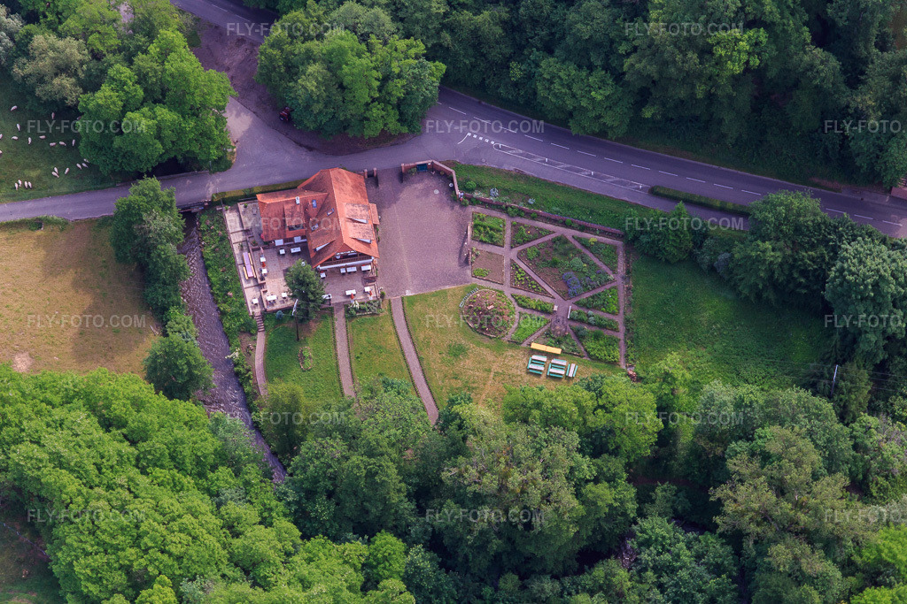 Aerial view: Café on the Lauter in the district Sankt Germanshof in Wissembourg in the state Bas-Rhin, France.Photo: IMG_100708.jpg taken on 06/05/2017 by Werner Riehm/FLY-FOTO.comResolution of the original: 5472 x 3648 px