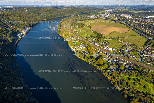 Hagen241005896 | Luftbild, Hengsteysee mit RWE Koepchenwerk Hagen Boele, Bahngleise Hagen und Autobahn A1, Strandhaus Salitos Beach Hengsteysee mit Freibad Südufer, Fernsicht und blauer Himmel mit Wolken, Boele, Hagen, Ruhrgebiet, Nordrhein-Westfalen, Deutschland