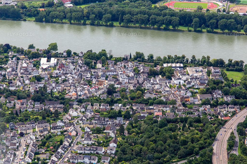 Luftbild: Stadtteil am rechten Rheinufer im Ortsteil Horchheim in Koblenz im Bundesland Rheinland-Pfalz in Deutschland. Foto: IMG_142082.jpg vom 07.07.2024 durch Werner Riehm/FLY-FOTO.de