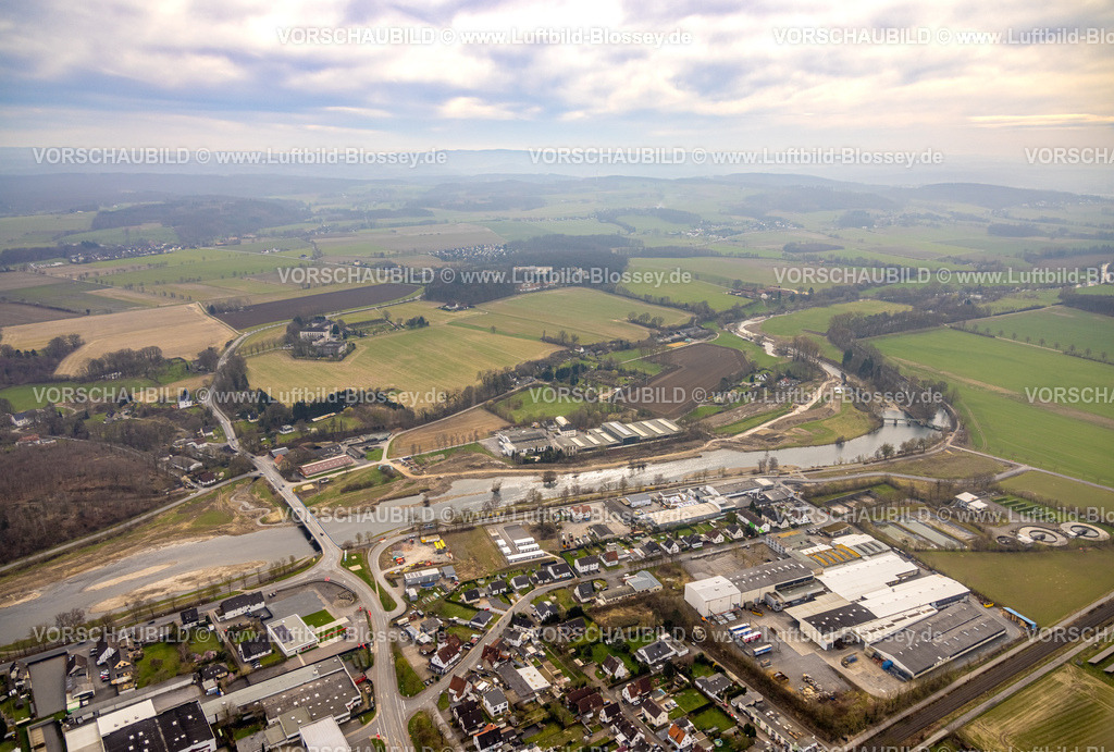 Wickede240307956 | Luftbild, Ruhrbrücke Fluss Ruhr mit dem Heilig-Geist-Kloster an der Mendener Straße Bundesstraße B63, Gewerbegebiet, Wiesen und Felder mit Fernsicht, Wickede/Ruhr, Nordrhein-Westfalen, Deutschland