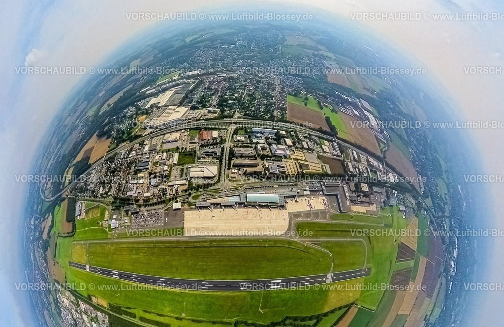 Dortmund230990100 Flughafen Dortmund-2 | Luftbild, Flughafen Dortmund Airport, Start- und Landebahn, Gewerbegebiet, Erdkugel, Fisheye Aufnahme, Fischaugen Aufnahme, 360 Grad Aufnahme, tiny world, Wickede, Dortmund, Ruhrgebiet, Nordrhein-Westfalen, Deutschland