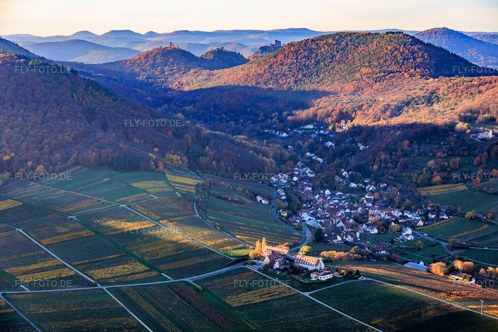 Luftbild: Ortsansicht von Südosten in Leinsweiler im Bundesland Rheinland-Pfalz in Deutschland. Foto: IMG_151037.jpg vom 05.11.2025 durch Werner Riehm/FLY-FOTO.de