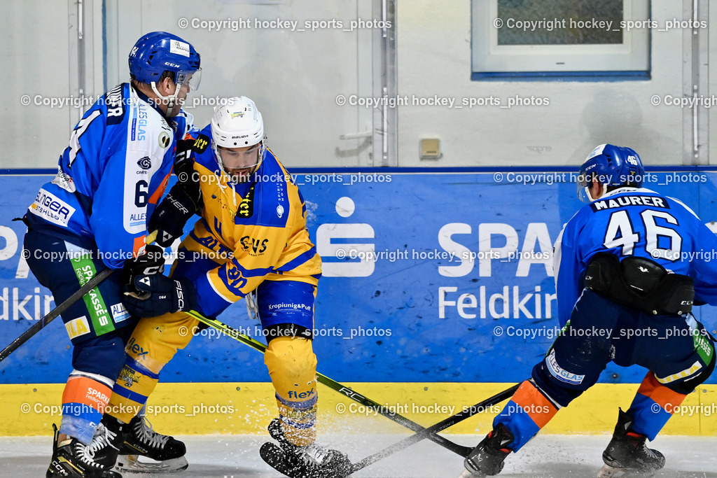 ESC SPARKASSE STEINDORF vs. EHC Althofen | #64 Stichauner Fabian ESC Steindorf, #90 Edlinger Patrick EHC Althofen, #46 Maurer Julian ESC Steindorf, ESC SPARKASSE STEINDORF vs. EHC Althofen, ESC SPARKASSE STEINDORF vs. EHC Althofen am 06.03.2026 in Steindorf (Ossiachersee Halle), Austria, (Photo by Bernd Stefan)