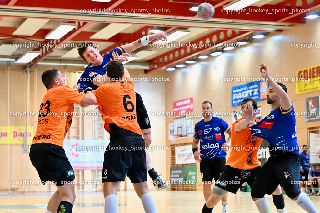 SC Ferlach vs. HSG Holding Graz 23.9.2023 | #23 BELOS Nemanja Holding Graz, #24 JOVANOVIC Mladan SC Ferlach, #6 PISARIC Djordje Holding Graz, #11 ALBEK Joszef Holding Graz, #81 MILICEVIC Adrian SC Ferlach, SC Ferlach vs. HSG Holding Graz 23.9.2023, SC Ferlach vs. HSG Holding Graz am 23.09.2023 in Bleiburg (Ballspielhalle Ferlach), Austria, (Photo by Bernd Stefan)
